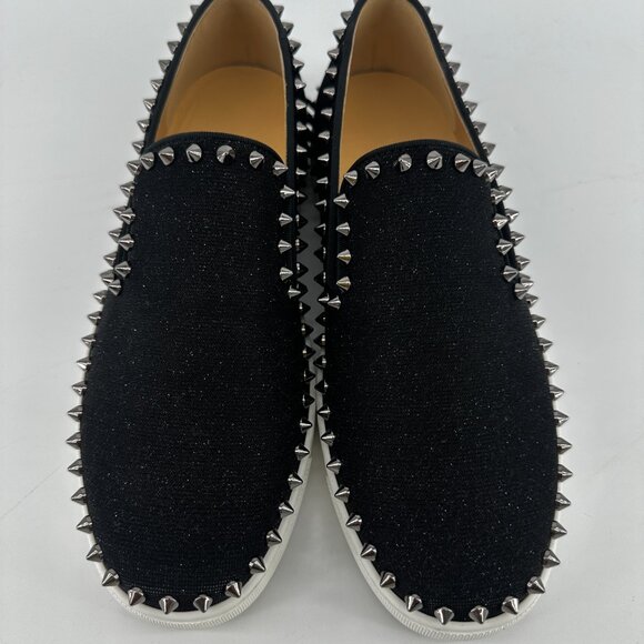 Louboutin Black GLITTER Slip On's with Silver Studs - Size 39 - Picture 3 of 10